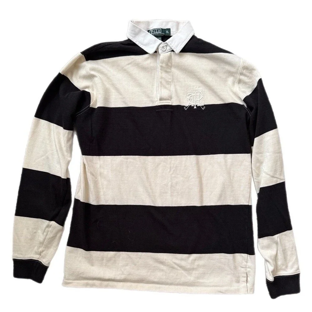 Polo Ralph Lauren Rugby Blue White Striped Shirt Logo Crest Vintage Mens XL